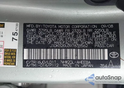 2009 Toyota Prius z USA, uszkodzony, nr VIN JTDKB20U397838562